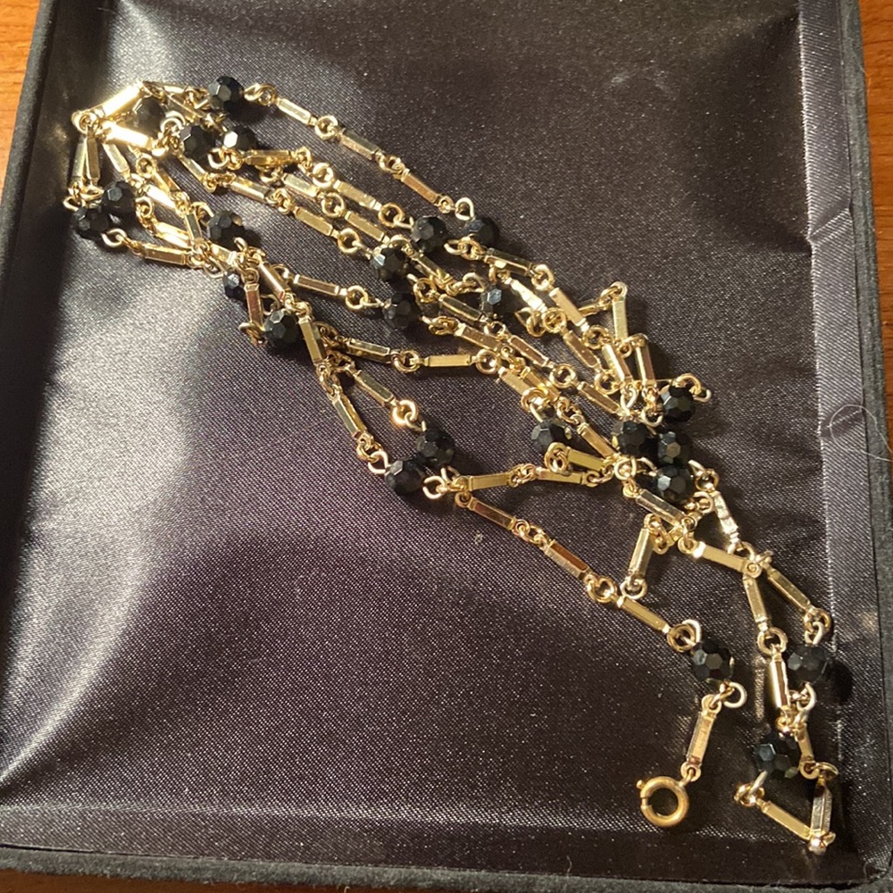 Vintage Black beads gold stations long necklace
